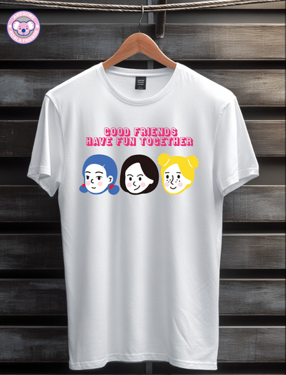 Australia Illuste Artist Designed T shirts  "Good Friends have fun together"   (White, Large)